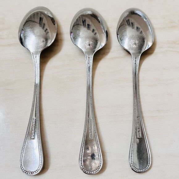 3pc F.B Rogers by Towle Norfolk Soup Spoon Stainless 7 1/4” Beaded Edge Glossy - Picture 6 of 8